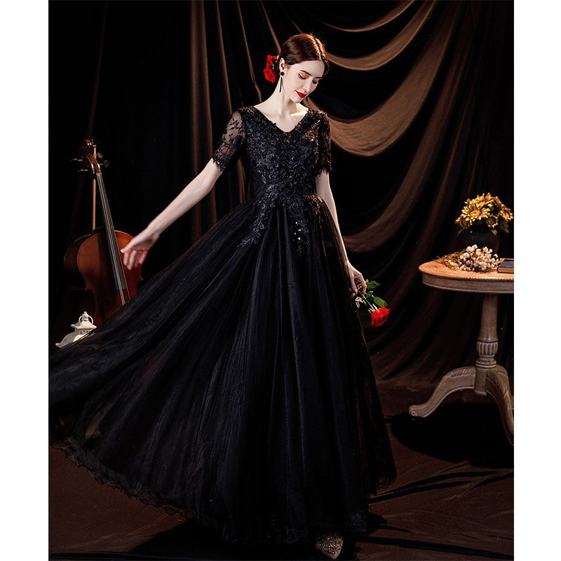 Elegant Black Deep V-neck Evening Long-sleeve Wedding Dress - Hiccupzz