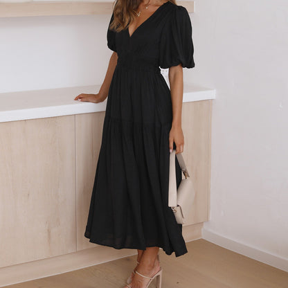 New Senior Sense Of Vacation Style Deep V Bubble Sleeve Dress - Hiccupzz