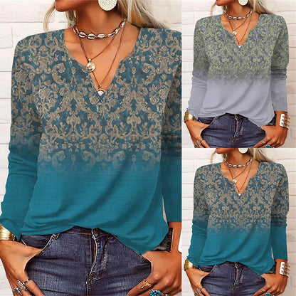 Loose Long Sleeve Floral V-Neck Ladies T-Shirt - Hiccupzz