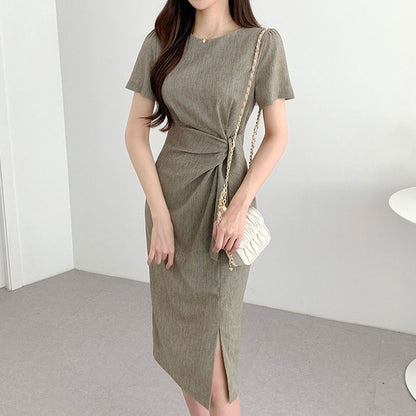Retro Niche Round Neck Twist Tie Waist Ladies Dress - Hiccupzz