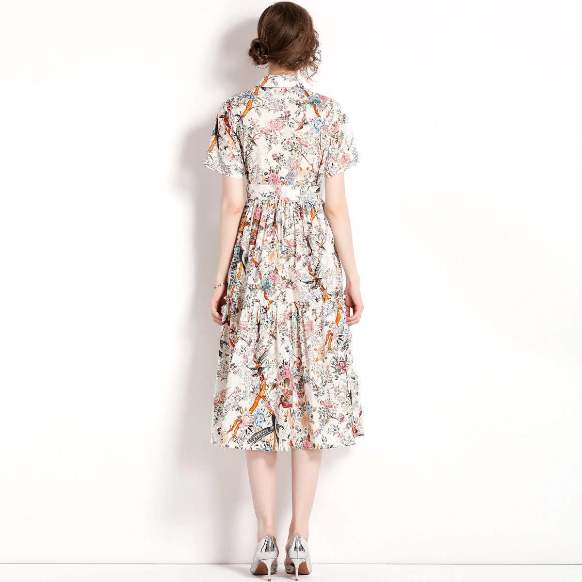 Singing Birds And Flowers Print Fashion Ladies Dress