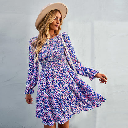 Round Neck Floral Dress Winter Long Sleeve All-matching A- Line Skirt - Hiccupzz