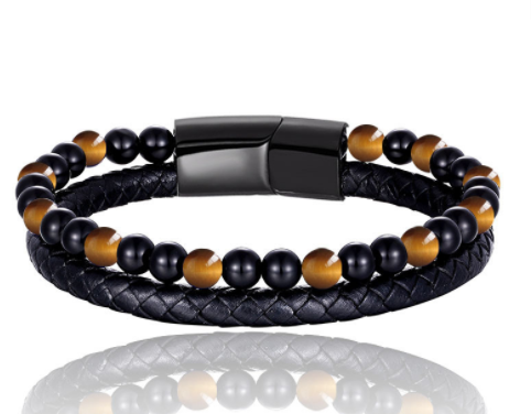 6mm Volcanic Natural Stone Tigereye Beaded Bracelet Men Cowhide String Bracelets - Hiccupzz