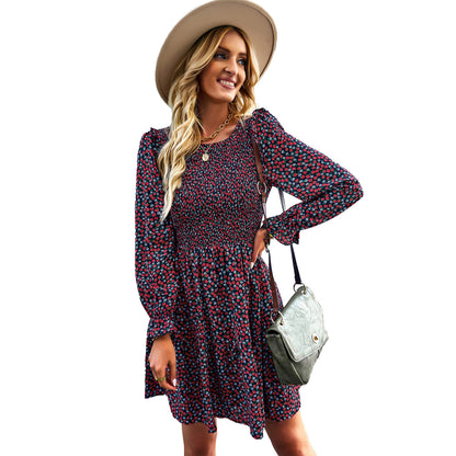 Round Neck Floral Dress Winter Long Sleeve All-matching A- Line Skirt - Hiccupzz