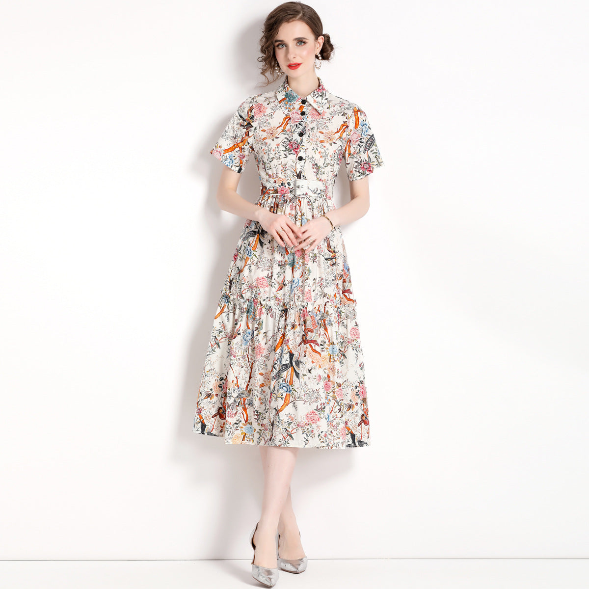 Singing Birds And Flowers Print Fashion Ladies Dress - Hiccupzz