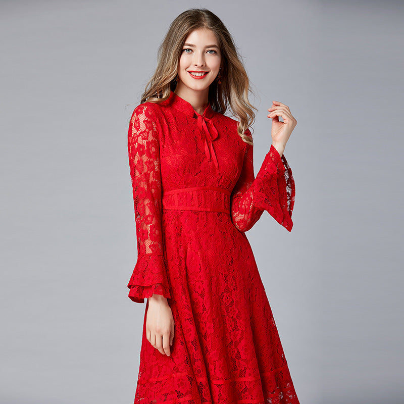 Red Long Skirt Slim Lace Dress With Large Swing - Hiccupzz