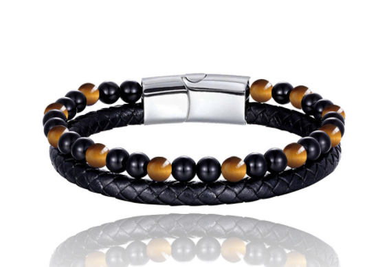 6mm Volcanic Natural Stone Tigereye Beaded Bracelet Men Cowhide String Bracelets - Hiccupzz