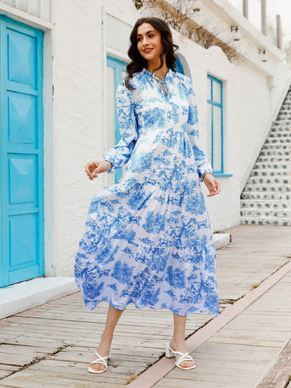 Women’s Printed Long Sleeve Ruffled Maxi Dress - Hiccupzz