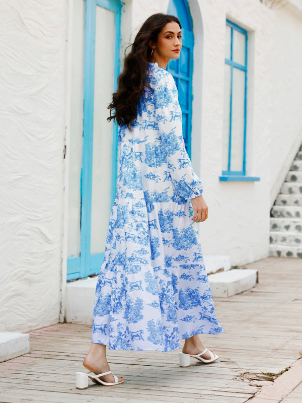 Women’s Printed Long Sleeve Ruffled Maxi Dress - Hiccupzz