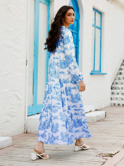 Women’s Printed Long Sleeve Ruffled Maxi Dress - Hiccupzz