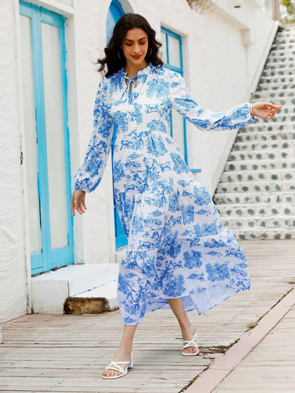 Women’s Printed Long Sleeve Ruffled Maxi Dress - Hiccupzz