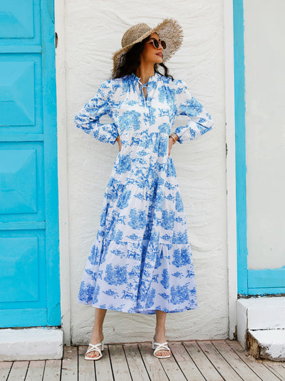 Women’s Printed Long Sleeve Ruffled Maxi Dress - Hiccupzz