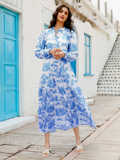 Women’s Printed Long Sleeve Ruffled Maxi Dress - Hiccupzz