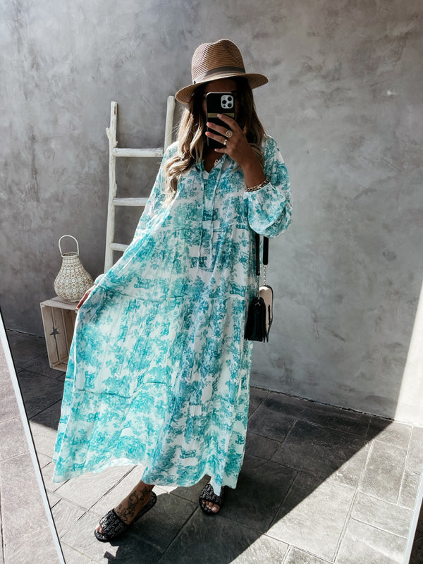 Women’s Printed Long Sleeve Ruffled Maxi Dress - Hiccupzz
