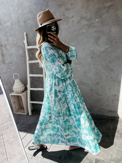 Women’s Printed Long Sleeve Ruffled Maxi Dress - Hiccupzz
