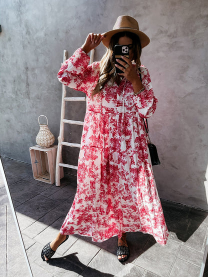 Women’s Printed Long Sleeve Ruffled Maxi Dress - Hiccupzz