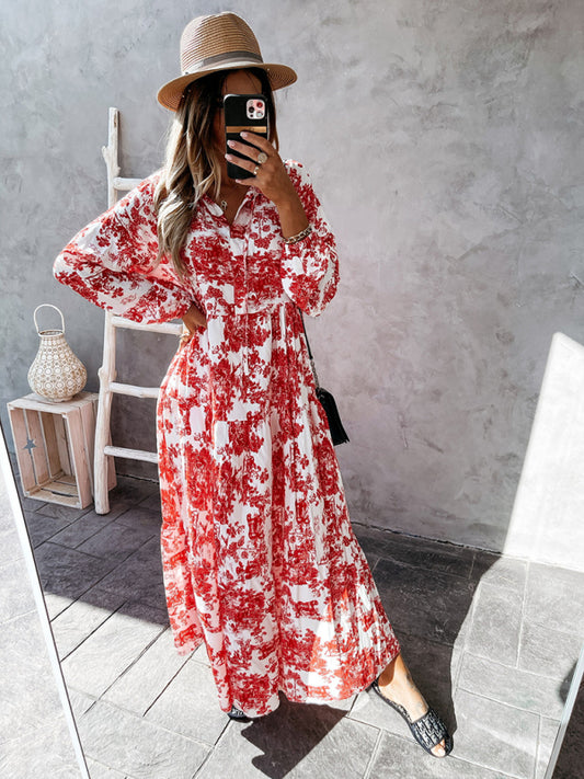 Women’s Printed Long Sleeve Ruffled Maxi Dress - Hiccupzz