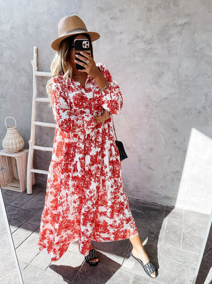 Women’s Printed Long Sleeve Ruffled Maxi Dress - Hiccupzz