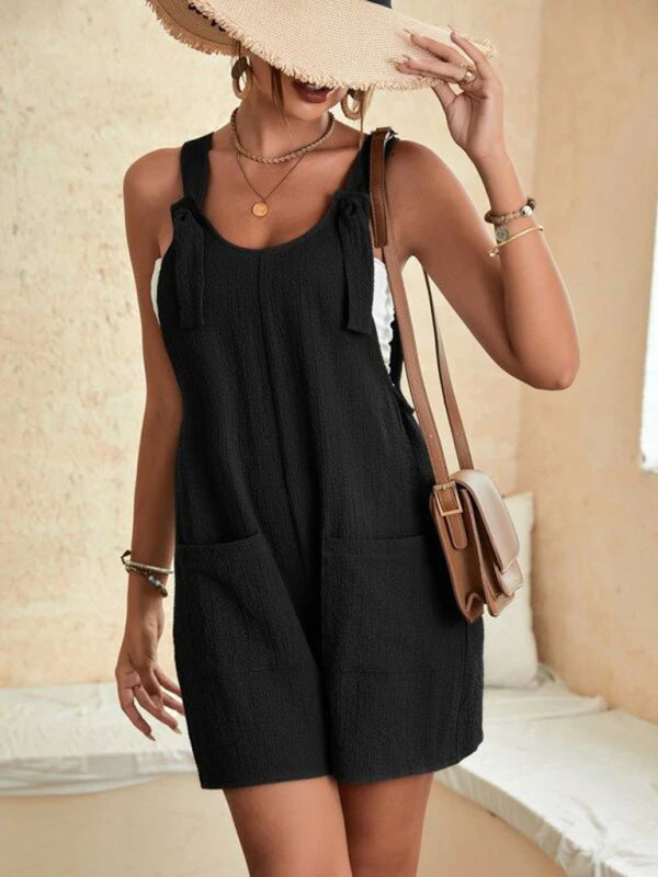 Women's Solid Color Patch Pocket Lace Up Casual Overalls - Hiccupzz