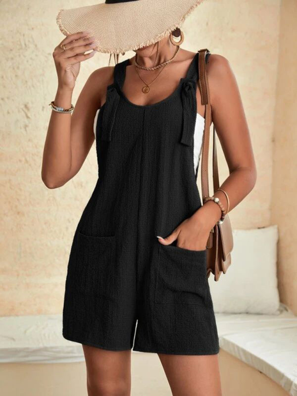 Women's Solid Color Patch Pocket Lace Up Casual Overalls - Hiccupzz