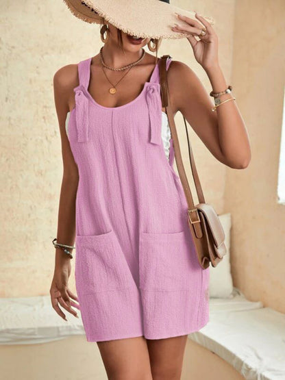 Women's Solid Color Patch Pocket Lace Up Casual Overalls - Hiccupzz