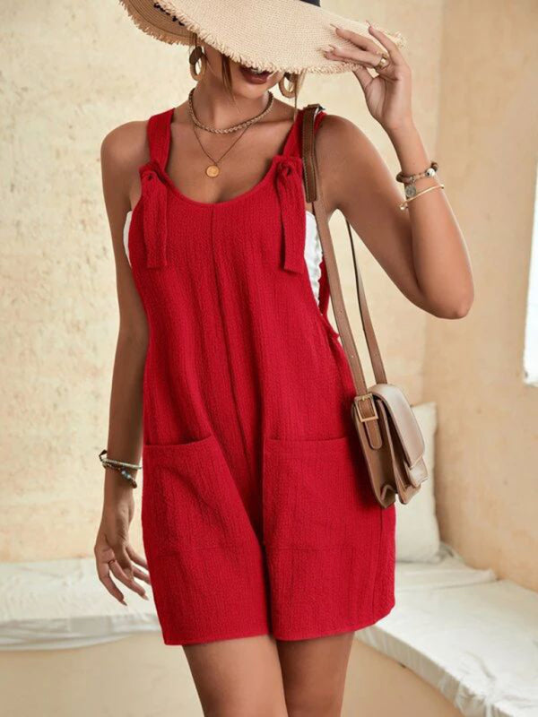 Women's Solid Color Patch Pocket Lace Up Casual Overalls - Hiccupzz