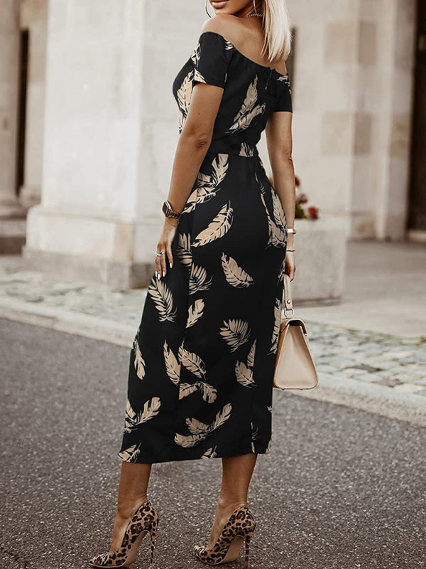 Women's printed one word collar tulip skirt midi skirt - Hiccupzz