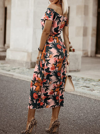 Women's printed one word collar tulip skirt midi skirt - Hiccupzz