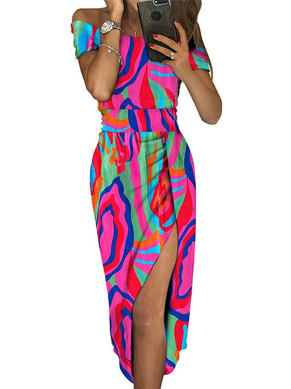 Women's printed one word collar tulip skirt midi skirt - Hiccupzz