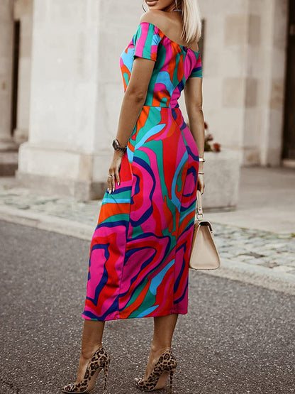 Women's printed one word collar tulip skirt midi skirt - Hiccupzz