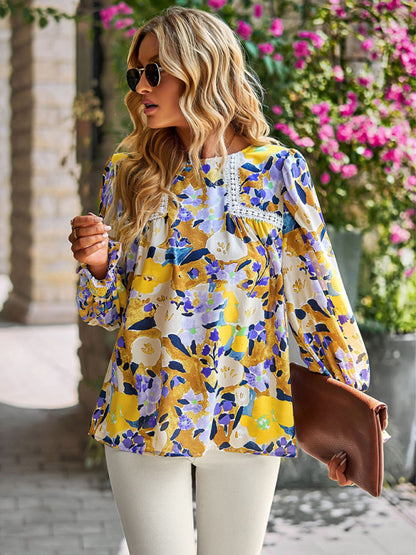 Women's lace stitching floral temperament top all-match blouse - Hiccupzz