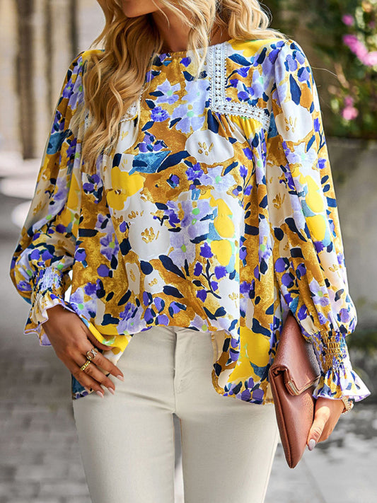 Women's lace stitching floral temperament top all-match blouse - Hiccupzz