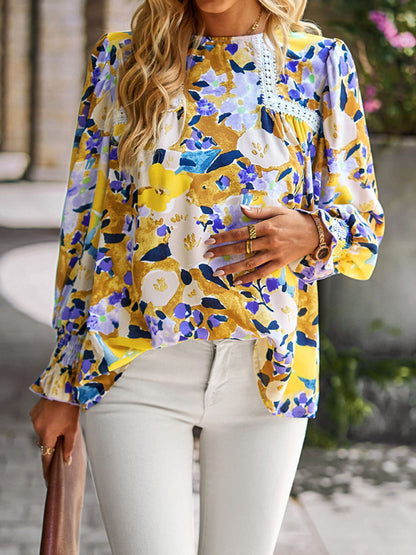 Women's lace stitching floral temperament top all-match blouse - Hiccupzz