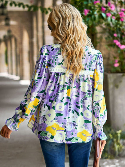 Women's lace stitching floral temperament top all-match blouse - Hiccupzz