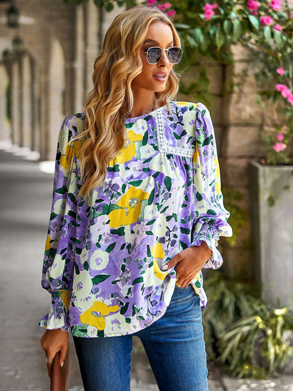 Women's lace stitching floral temperament top all-match blouse - Hiccupzz