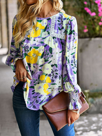 Women's lace stitching floral temperament top all-match blouse - Hiccupzz