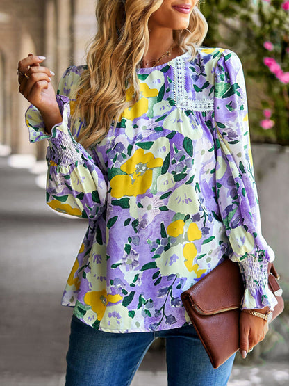 Women's lace stitching floral temperament top all-match blouse - Hiccupzz